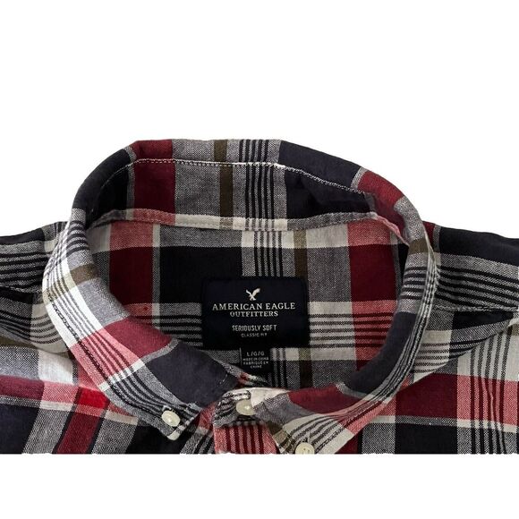 American Eagle Sz L Mens Seriously Soft Classic Fit Long Sleeve Blue Red Plaid - Picture 5 of 9